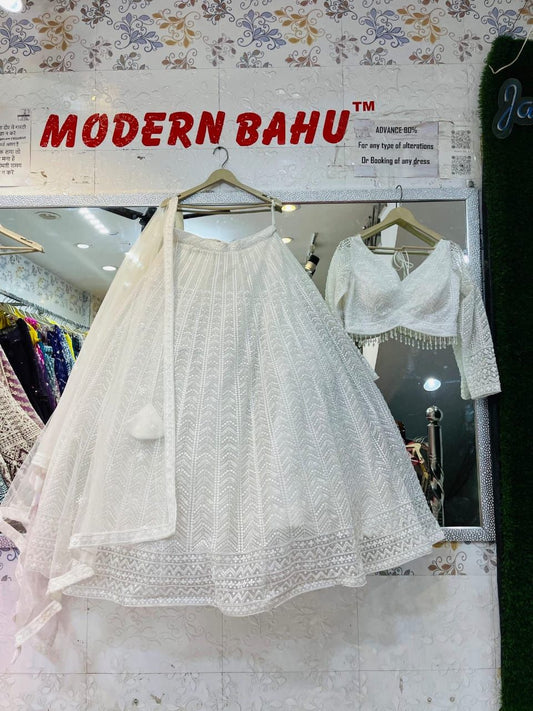 Ivory White Heavy Thread Embroidered Lehenga Choli – Full Sleeve Georgette Party Wear with Pearl Tassels