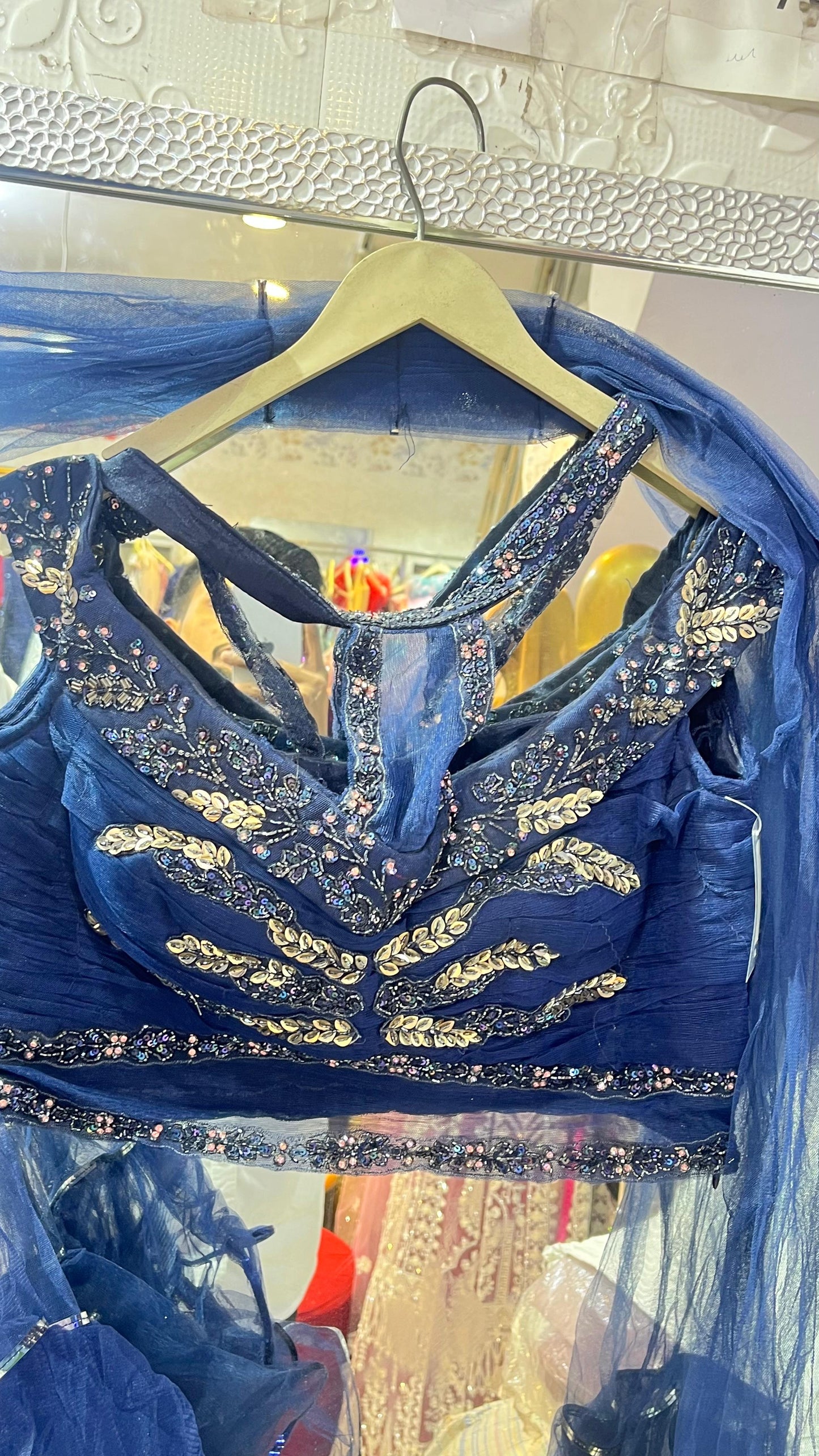 Dramatic Navy Blue Ruffled Lehenga Choli with Geometric Sequin Work & Ruched Blouse – Party Wear