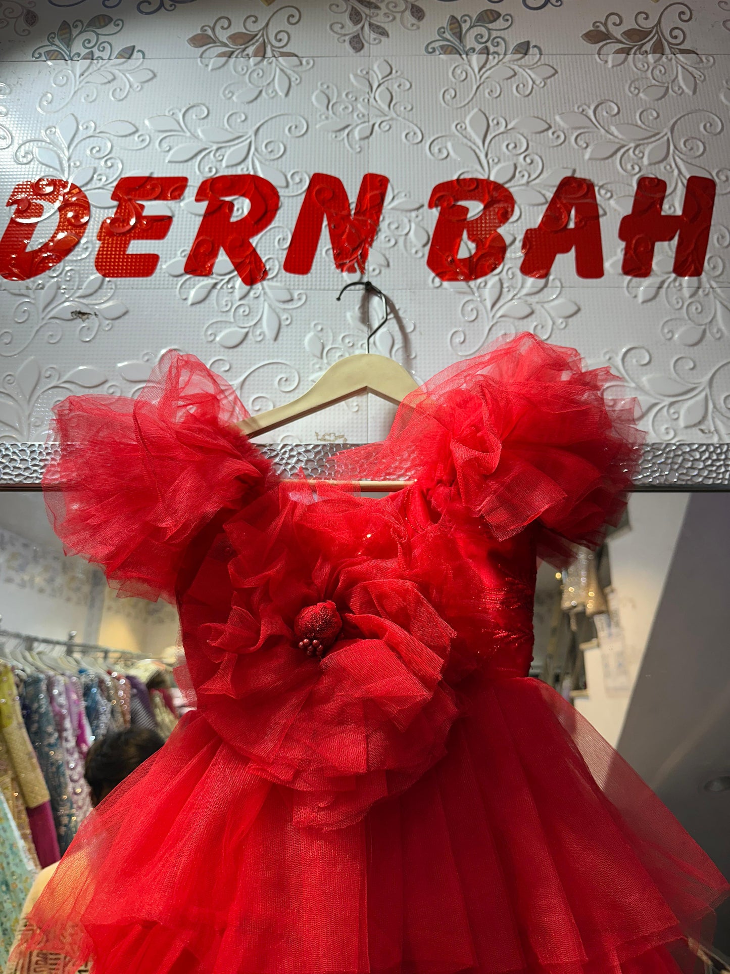 Vibrant Red Multi-Tiered Ruffled Ball Gown with Oversized 3D Flower | Designer Party Wear