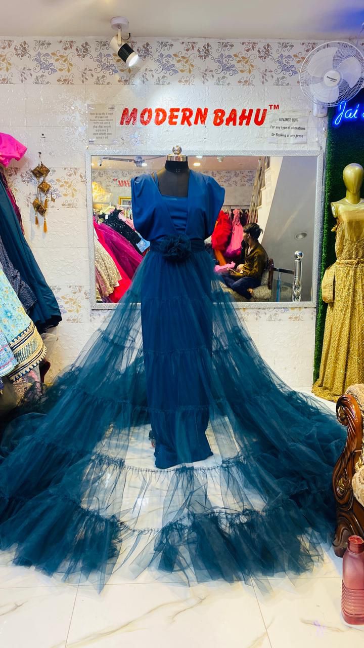 Teal Blue Tulle & Satin Gown with Long Ruffled Train & Floral Waist | Dramatic Evening Wear
