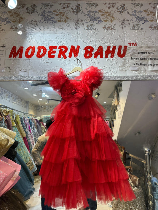 Vibrant Red Multi-Tiered Ruffled Ball Gown with Oversized 3D Flower | Designer Party Wear