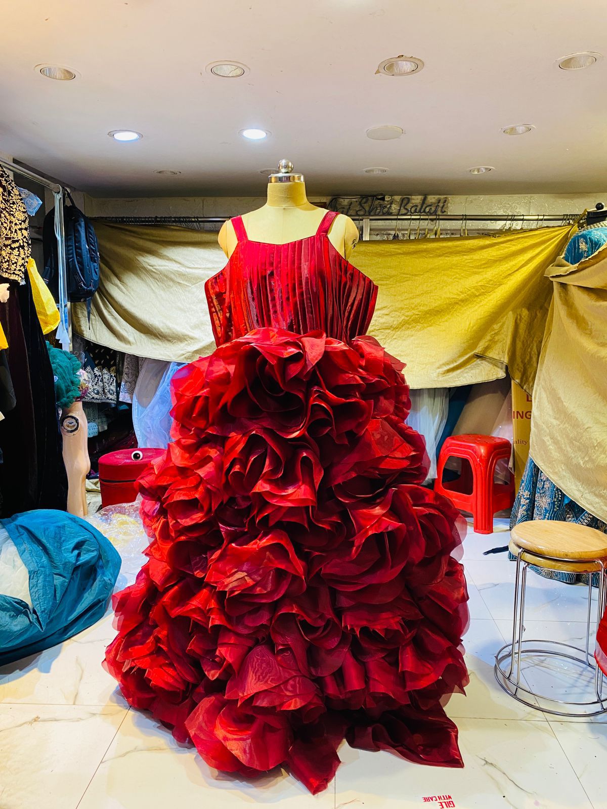 Dramatic Crimson Red Ball Gown with Cascading 3D Rosette Ruffles & Corset Back – Statement Evening Wear