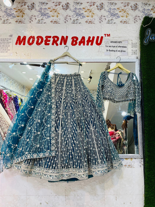 Elegant Light Blue Crop Top Lehenga with Silver Lining Hand Work