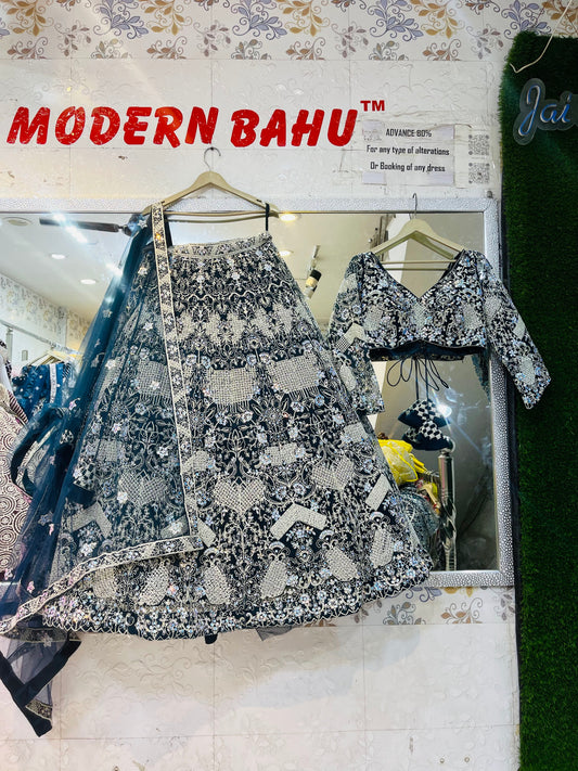 Royal Blue Heavy Flare Crop Top Lehenga with Intricate Handwork