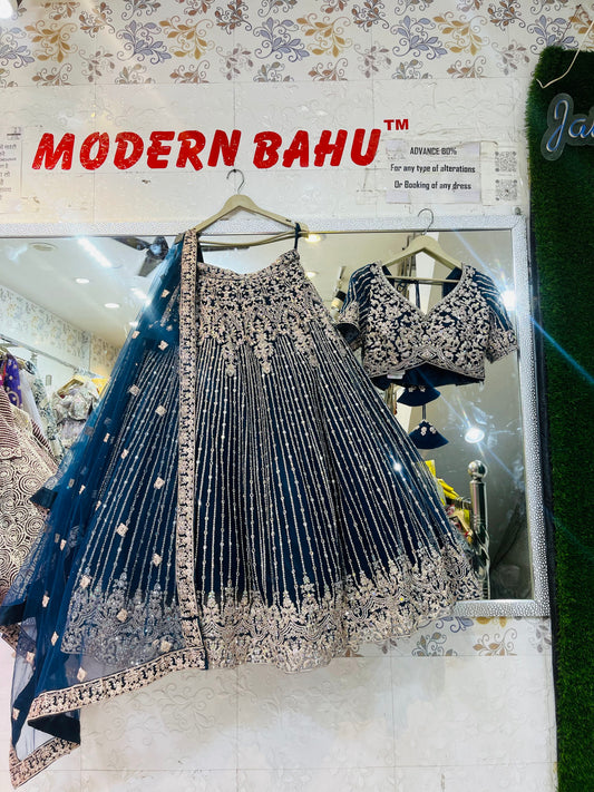 Royal Blue Handcrafted Crop Top Lehenga with Heavy Flare