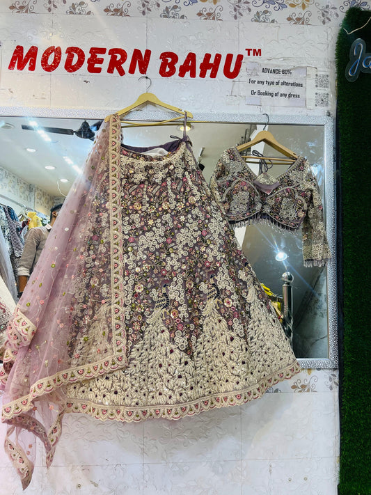 Royal Lilac Peacock Flare Crop Top Lehenga – Heavy Designer Ensemble