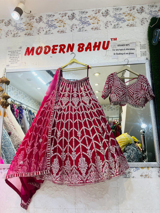 Radiant Red Crop Top Lehenga with Heavy Flare & Intricate Hand Work