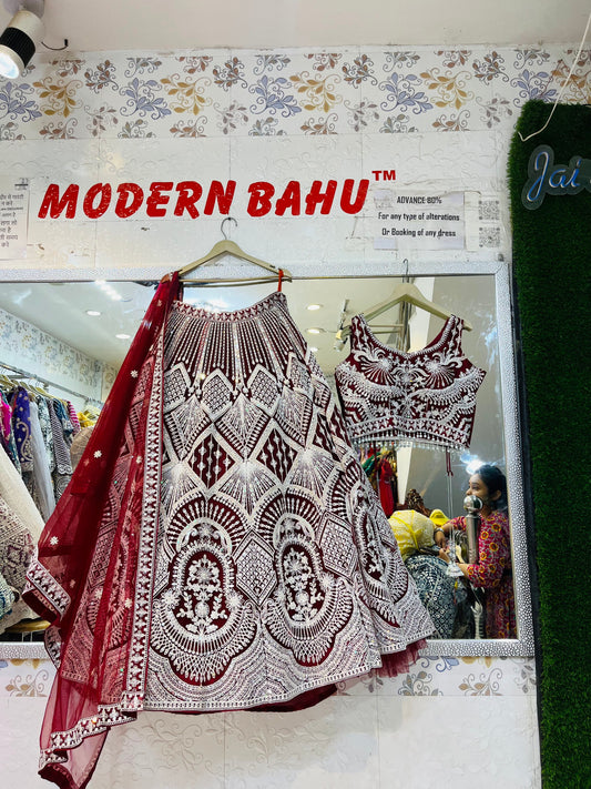 Regal Red Heavy Flare Crop Top Lehenga with Hand & Print Work