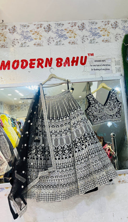 Black Crop Top Lehenga with Handwork & Printed Detailing