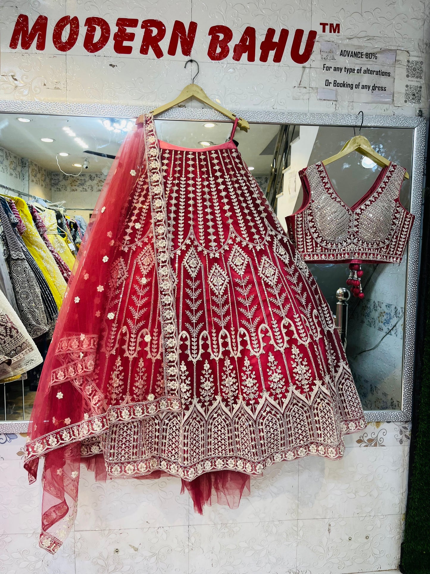 Red Crop Top Lehenga with Silver Heavy Handwork & Print Detailing