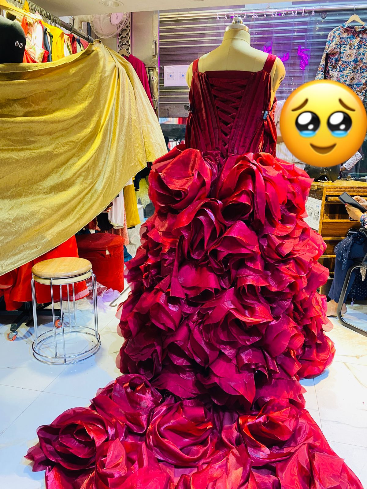 Dramatic Crimson Red Ball Gown with Cascading 3D Rosette Ruffles & Corset Back – Statement Evening Wear
