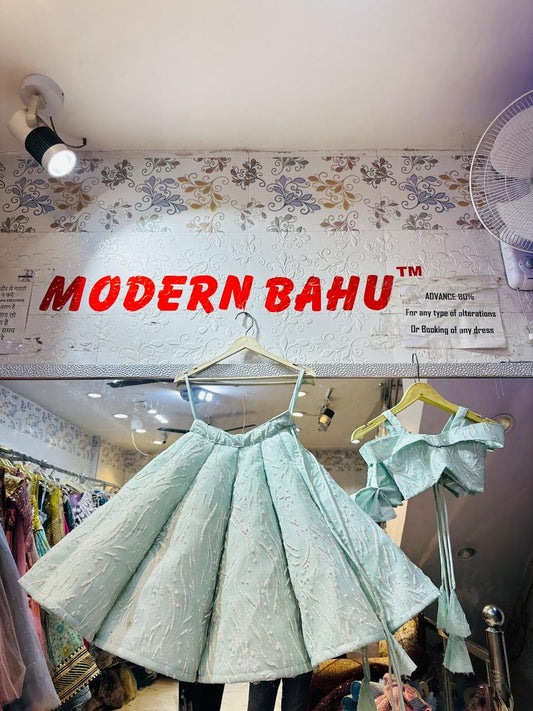 Mint Green Embroidered Lehenga Choli | Off-Shoulder Bow Sleeve Designer Party Wear