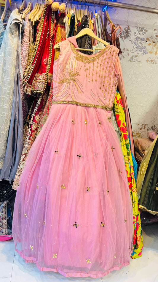 Charming Baby Pink Tulle Gown with Gold Sunburst Embroidery & Mirror Work Accents – Festive Party Wear