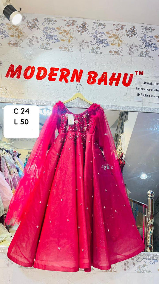 Radiant Magenta Pink Ball Gown with Sheer Tulle Sleeves & Scattered Sequin Sparkle – Luxury Kids Party Wear