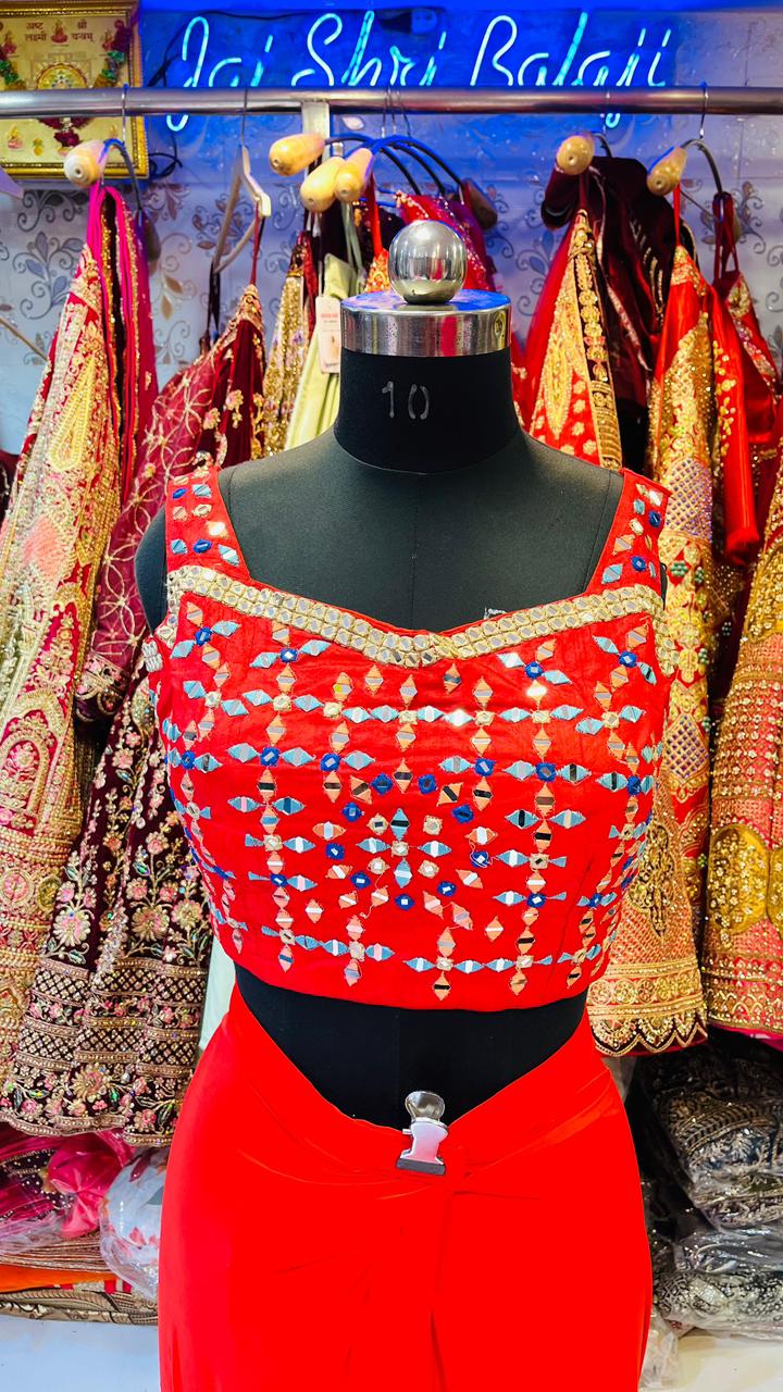 Bright Red Ready-to-Wear Saree – Geometric Mirror Work Blouse & Pre-Stitched Drape