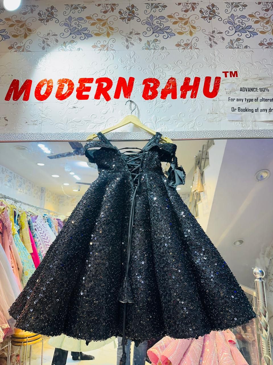 Kids Luxury Jet Black Sequin Ball Gown | Off-Shoulder Sparkly Party Dress with Corset Back