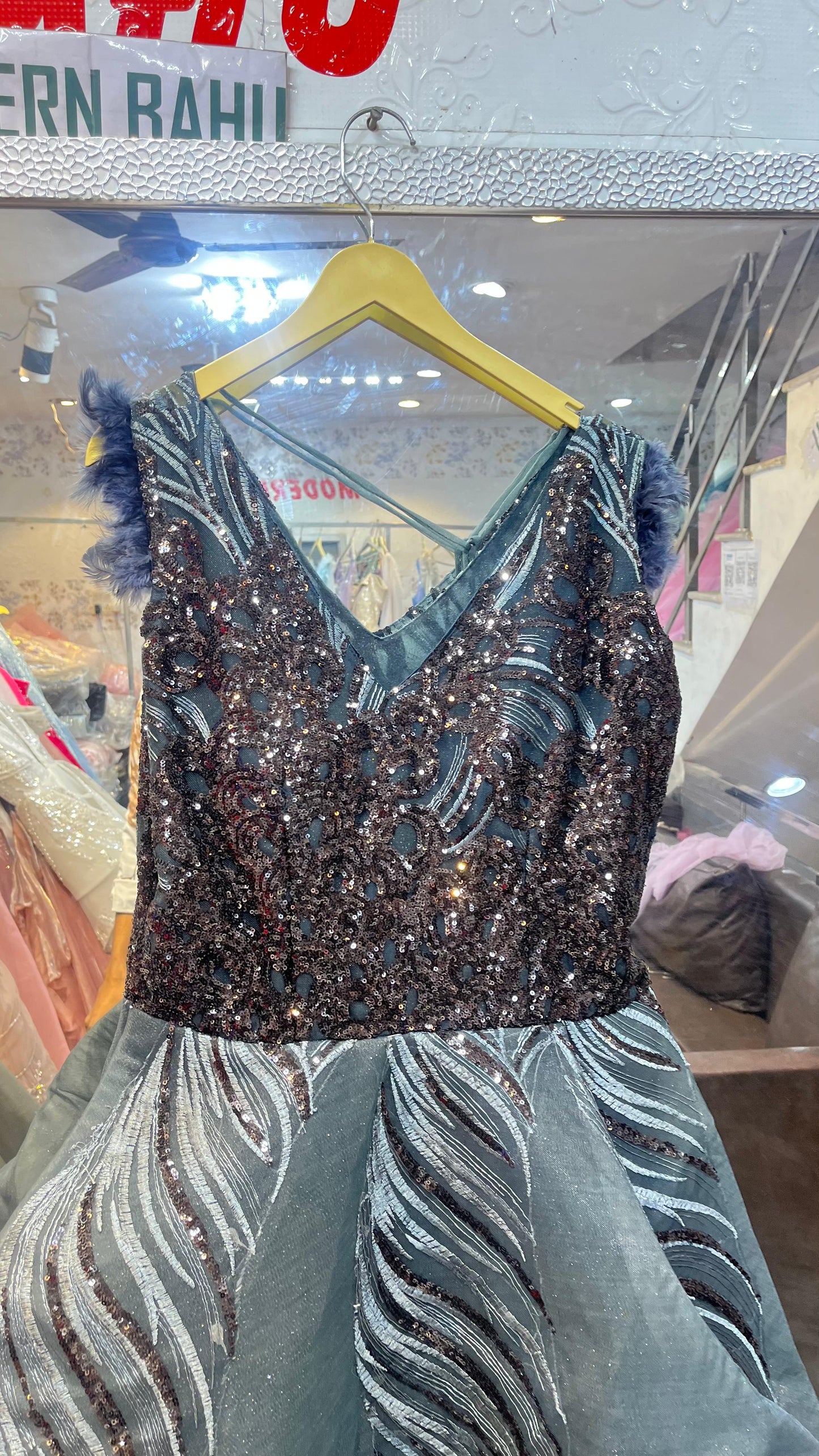 Steel Grey & Copper Sequin Ball Gown | Designer Feather Shoulder Party Dress with Wavy Embroidery