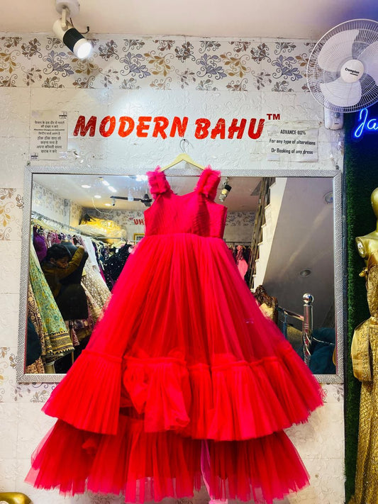 Vibrant Hot Pink Tulle Ball Gown with Ruffled Straps & Tiered Skirt | Voluminous Princess Evening Dress