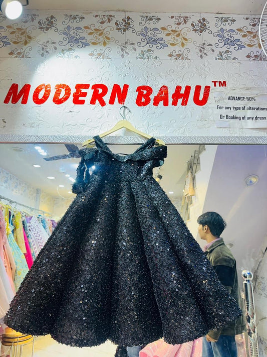 Kids Luxury Jet Black Sequin Ball Gown | Off-Shoulder Sparkly Party Dress with Corset Back