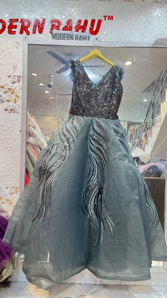 Steel Grey & Copper Sequin Ball Gown | Designer Feather Shoulder Party Dress with Wavy Embroidery