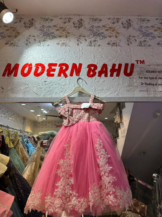 Pink Floral Embroidered Net Ball Gown with Statement Bow & Skirt Appliques