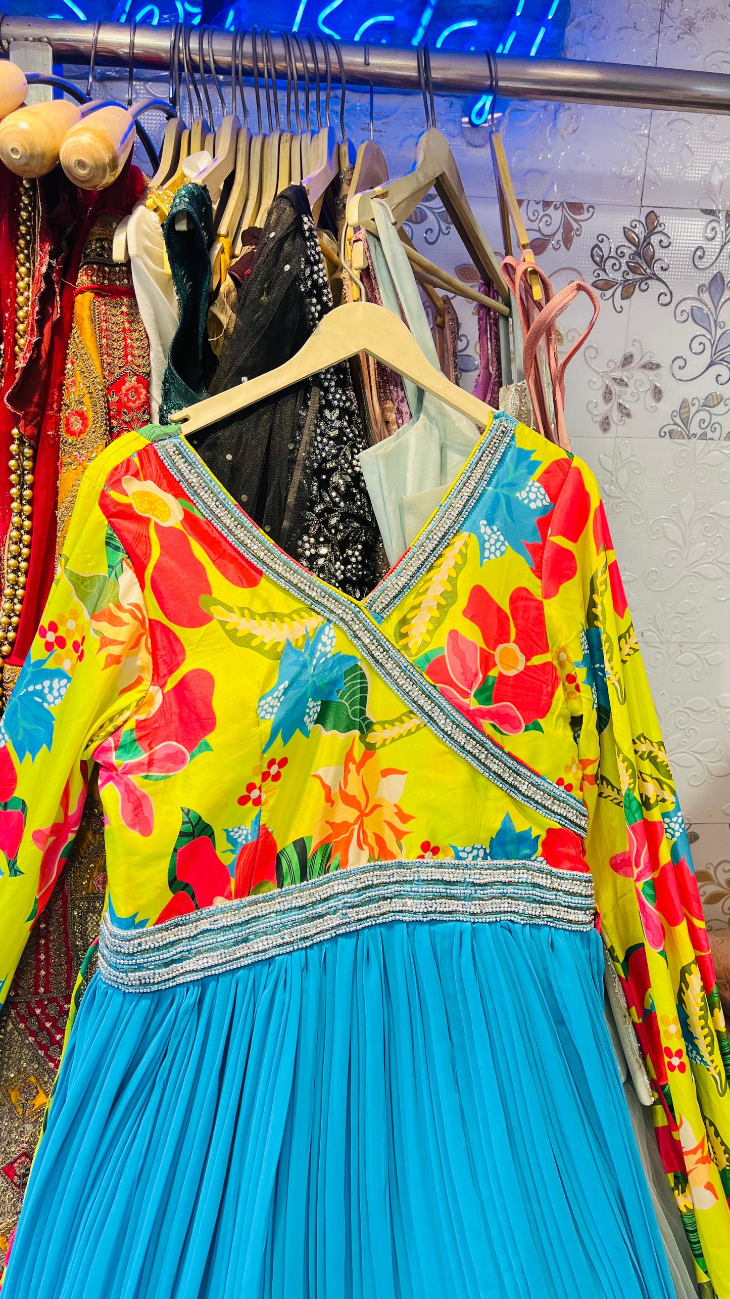 Vibrant Yellow Floral Print & Cyan Blue Pleated Georgette Gown with Silver Beaded Trim – Indo-Western Fusion Wear