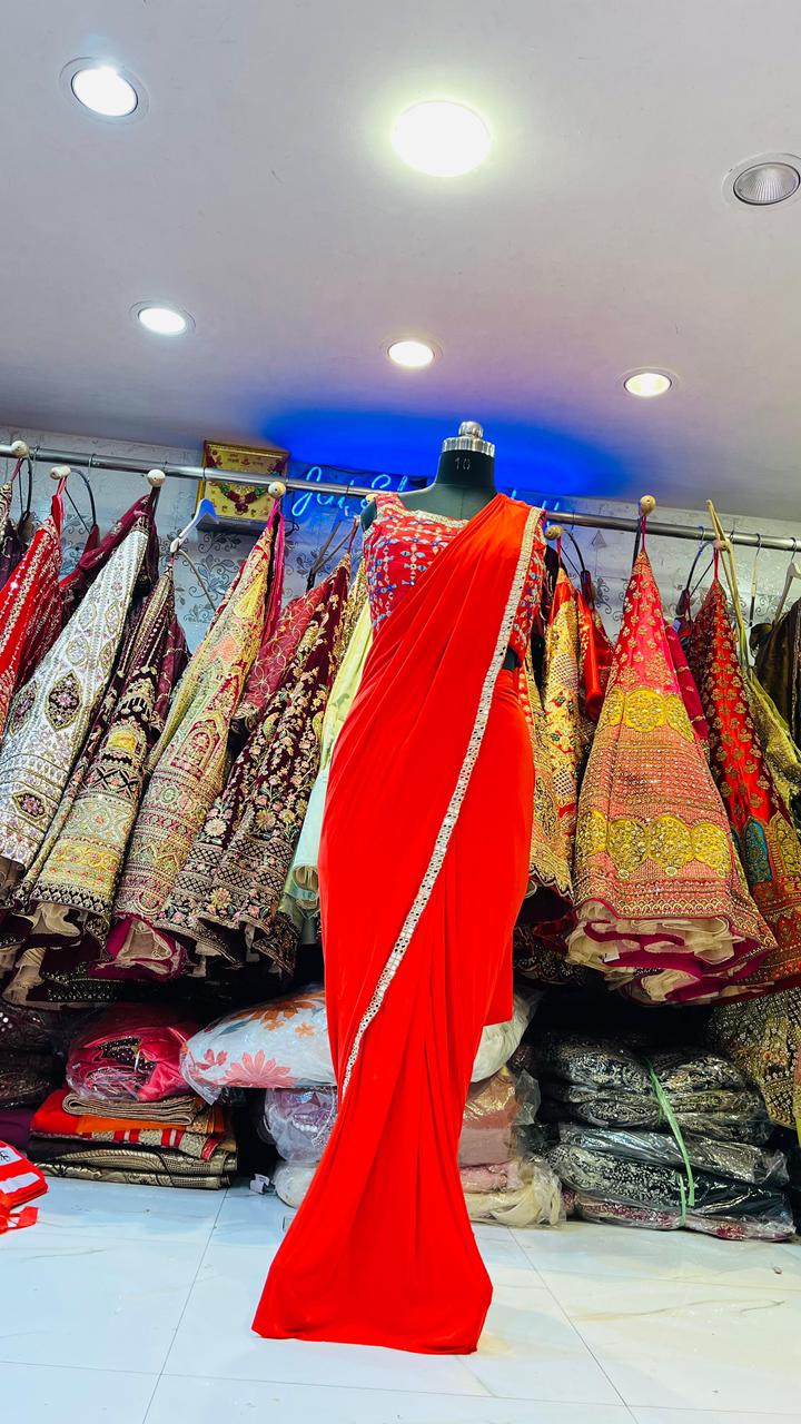 Bright Red Ready-to-Wear Saree – Geometric Mirror Work Blouse & Pre-Stitched Drape