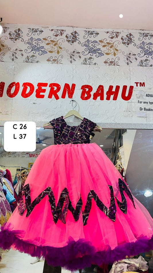 Electrifying Hot Pink & Purple Sequin Ball Gown with Zig-Zag Pattern & Ruffled Hem – Statement Party Wear for Girls