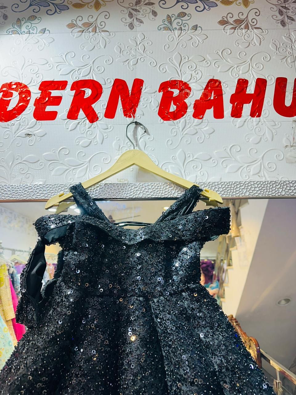 Kids Luxury Jet Black Sequin Ball Gown | Off-Shoulder Sparkly Party Dress with Corset Back