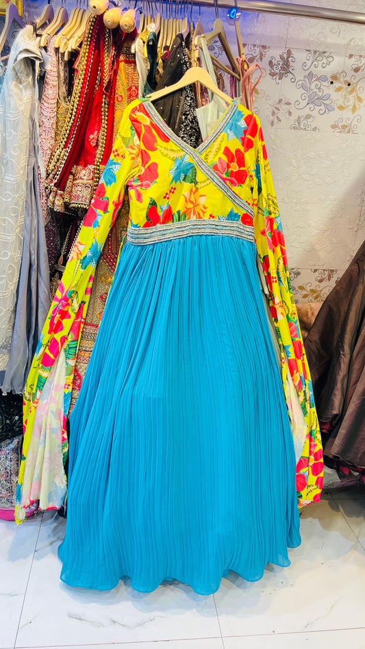 Vibrant Yellow Floral Print & Cyan Blue Pleated Georgette Gown with Silver Beaded Trim – Indo-Western Fusion Wear