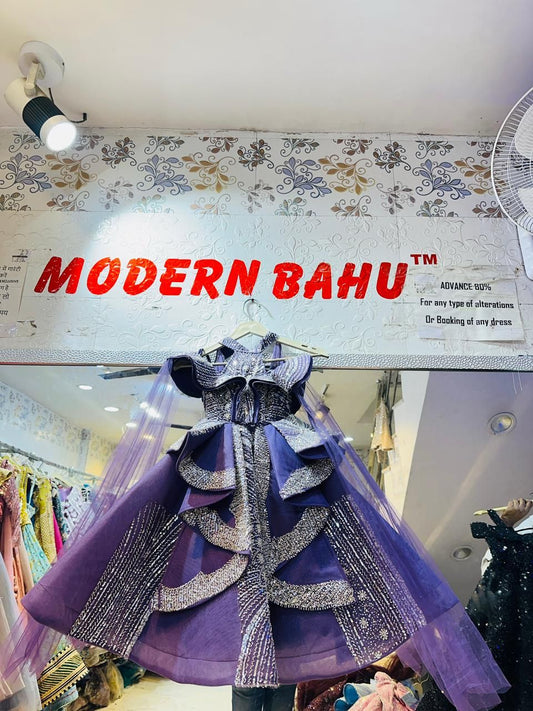 Kids Luxury Purple Structured Ruffle Ball Gown | Avant-Garde Silver Sequin Party Dress