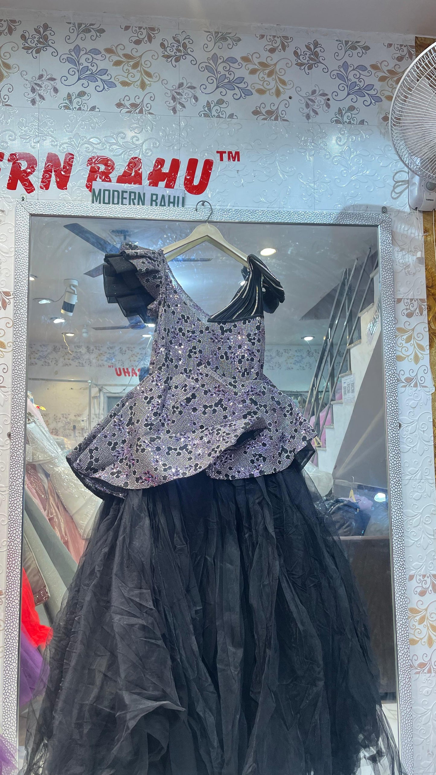 Black & Lavender Sequin Peplum Gown | Asymmetric Ruffle Shoulder Party Dress with Tulle Skirt