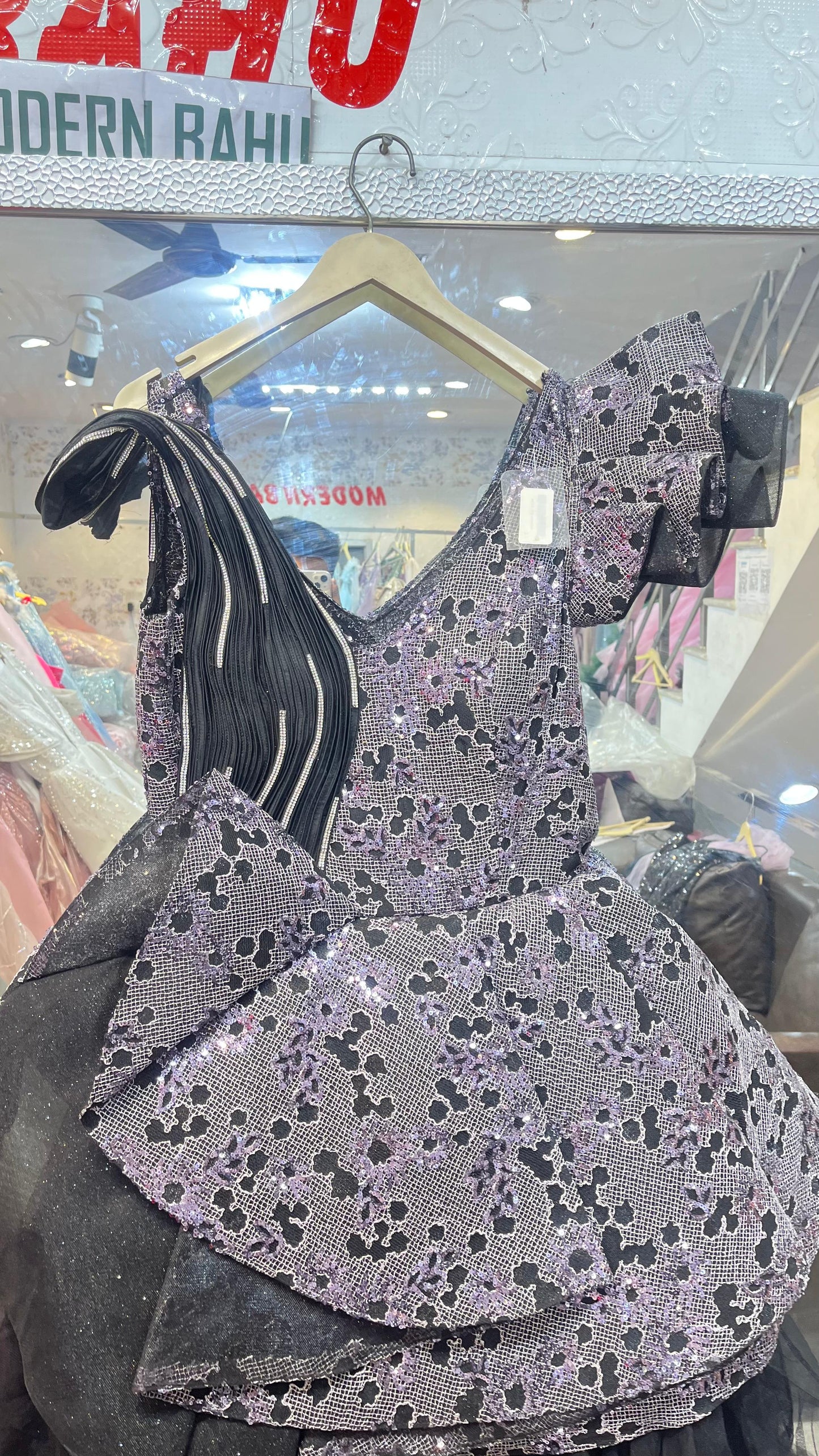 Black & Lavender Sequin Peplum Gown | Asymmetric Ruffle Shoulder Party Dress with Tulle Skirt
