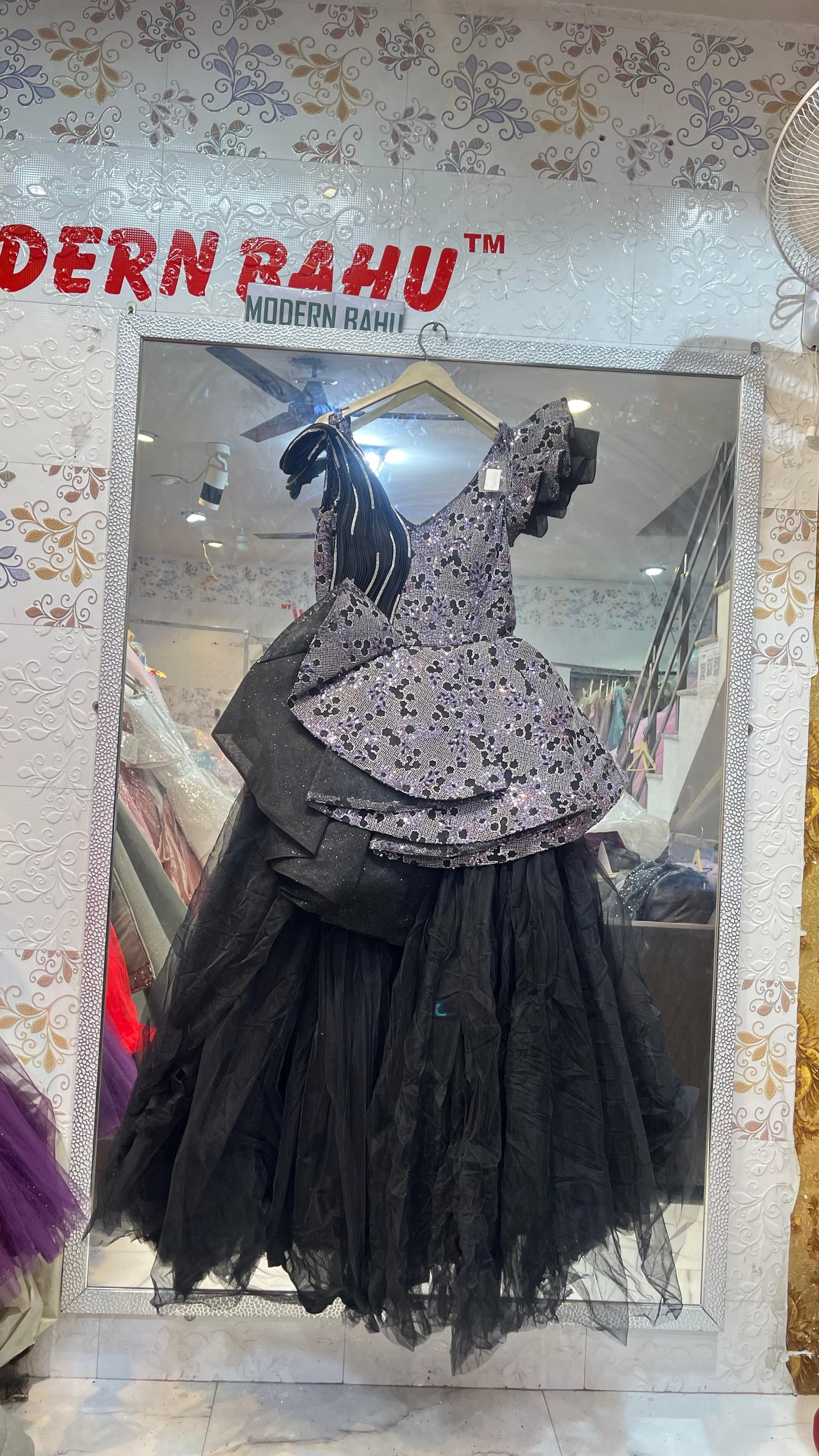 Black & Lavender Sequin Peplum Gown | Asymmetric Ruffle Shoulder Party Dress with Tulle Skirt
