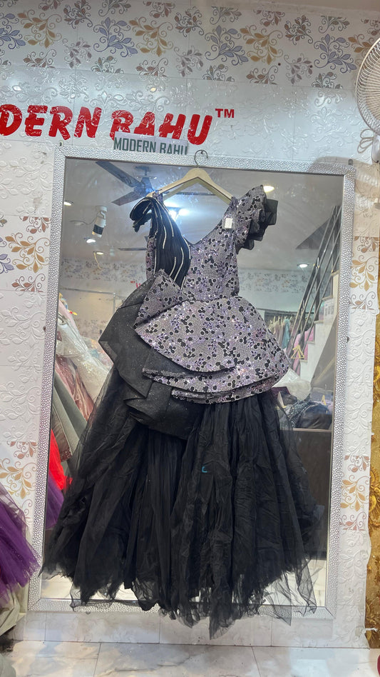 Black & Lavender Sequin Peplum Gown | Asymmetric Ruffle Shoulder Party Dress with Tulle Skirt