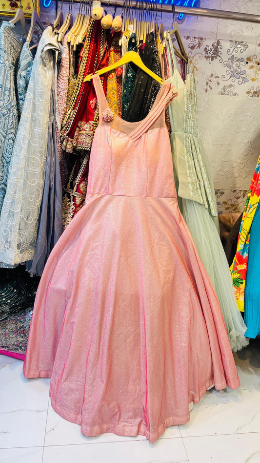 Glamorous Blush Pink Shimmer Ball Gown with Asymmetric Neckline & 3D Floral Brooch – Luxury Evening Party Wear