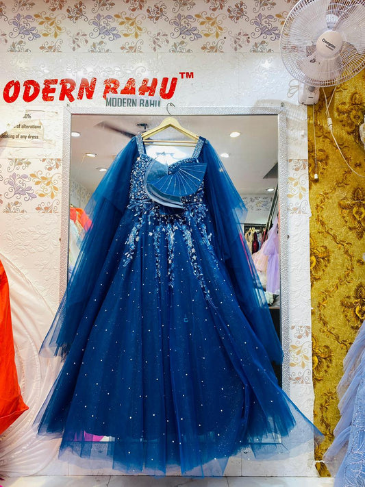 Majestic Royal Blue Tulle Ball Gown with Sheer Cape Sleeves & Avant-Garde Fan Detail – Designer Evening Wear