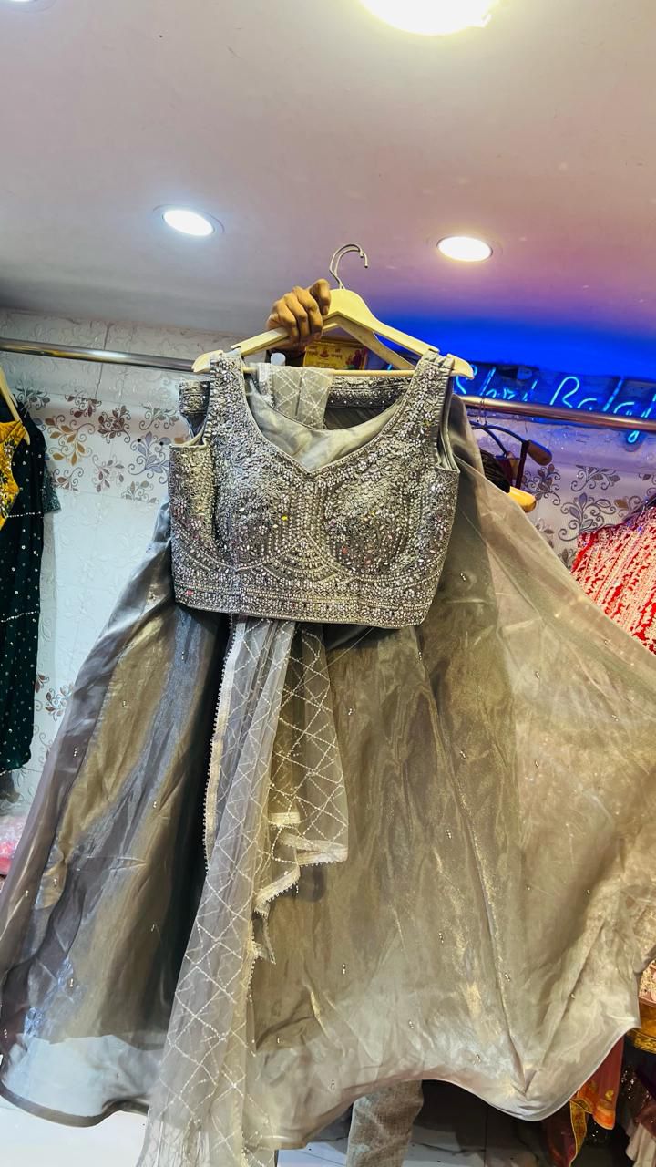 Glamorous Steel Grey Shimmer Lehenga Choli with Heavy Floral Pearl & Bead Embroidery
