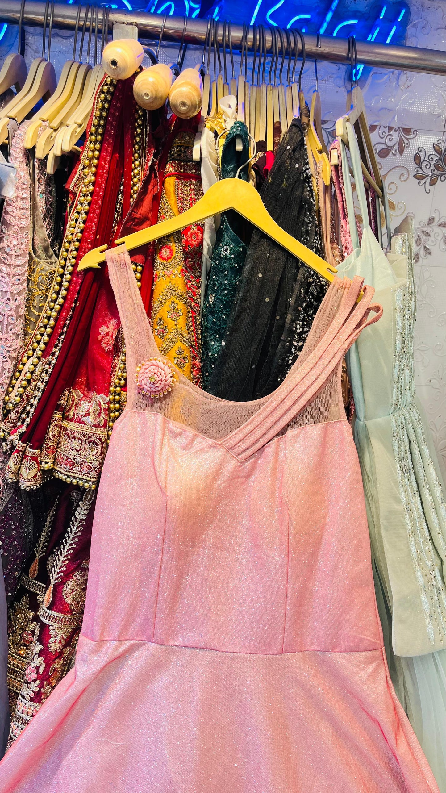 Glamorous Blush Pink Shimmer Ball Gown with Asymmetric Neckline & 3D Floral Brooch – Luxury Evening Party Wear