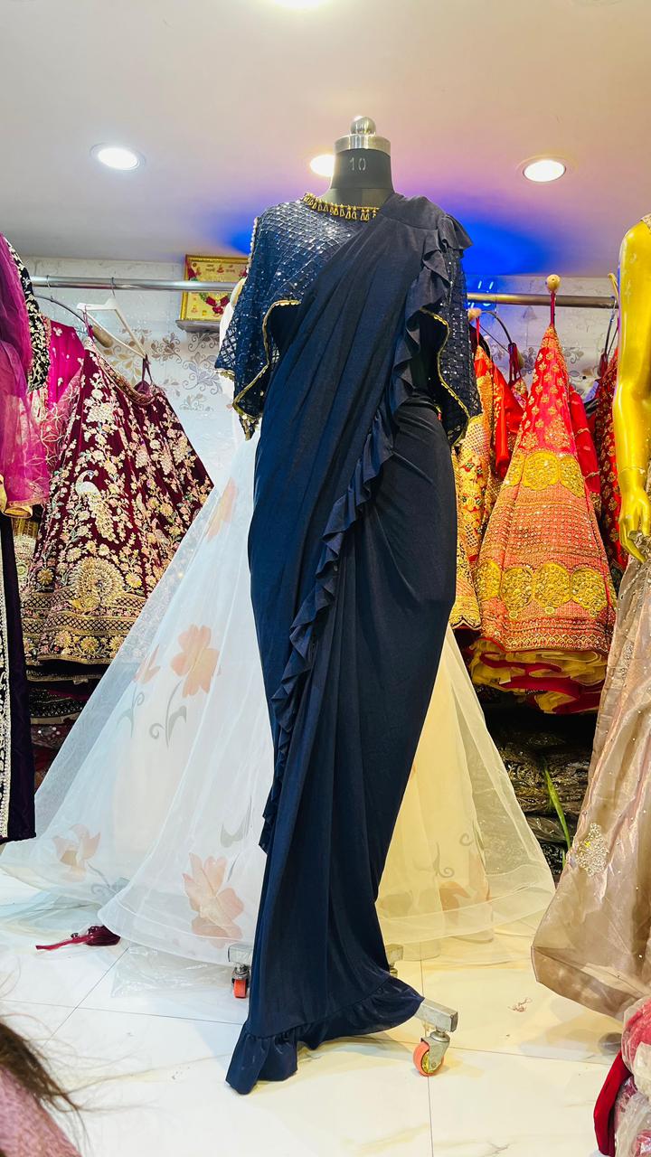 Navy Blue Ruffled Ready-to-Wear Saree – Sequin Grid Blouse with Gold Tassels