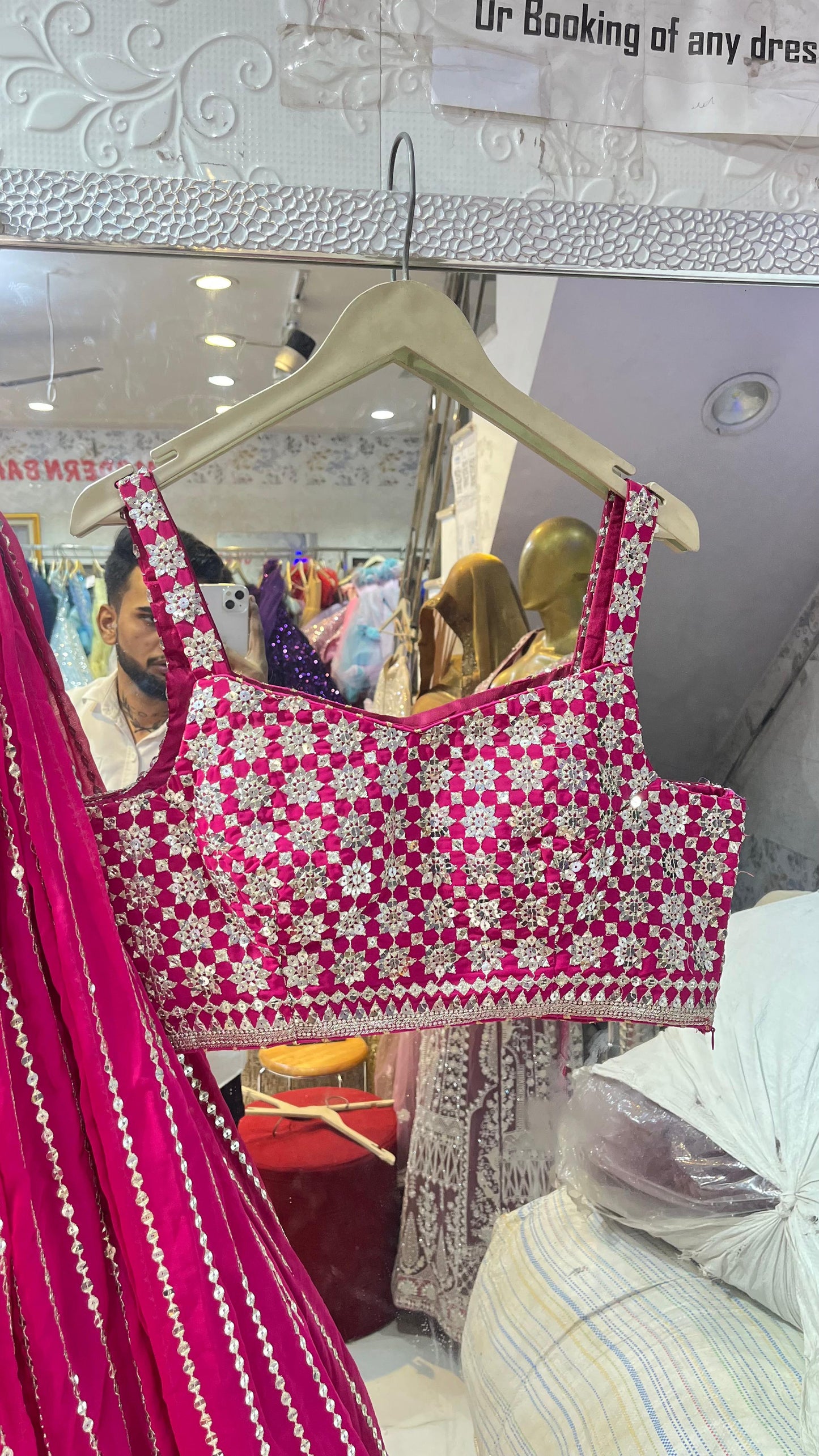 Radiant Rani Pink Art Silk Lehenga Choli with Geometric Mirror Work & Vertical Sequin Lines – Wedding & Party Wear