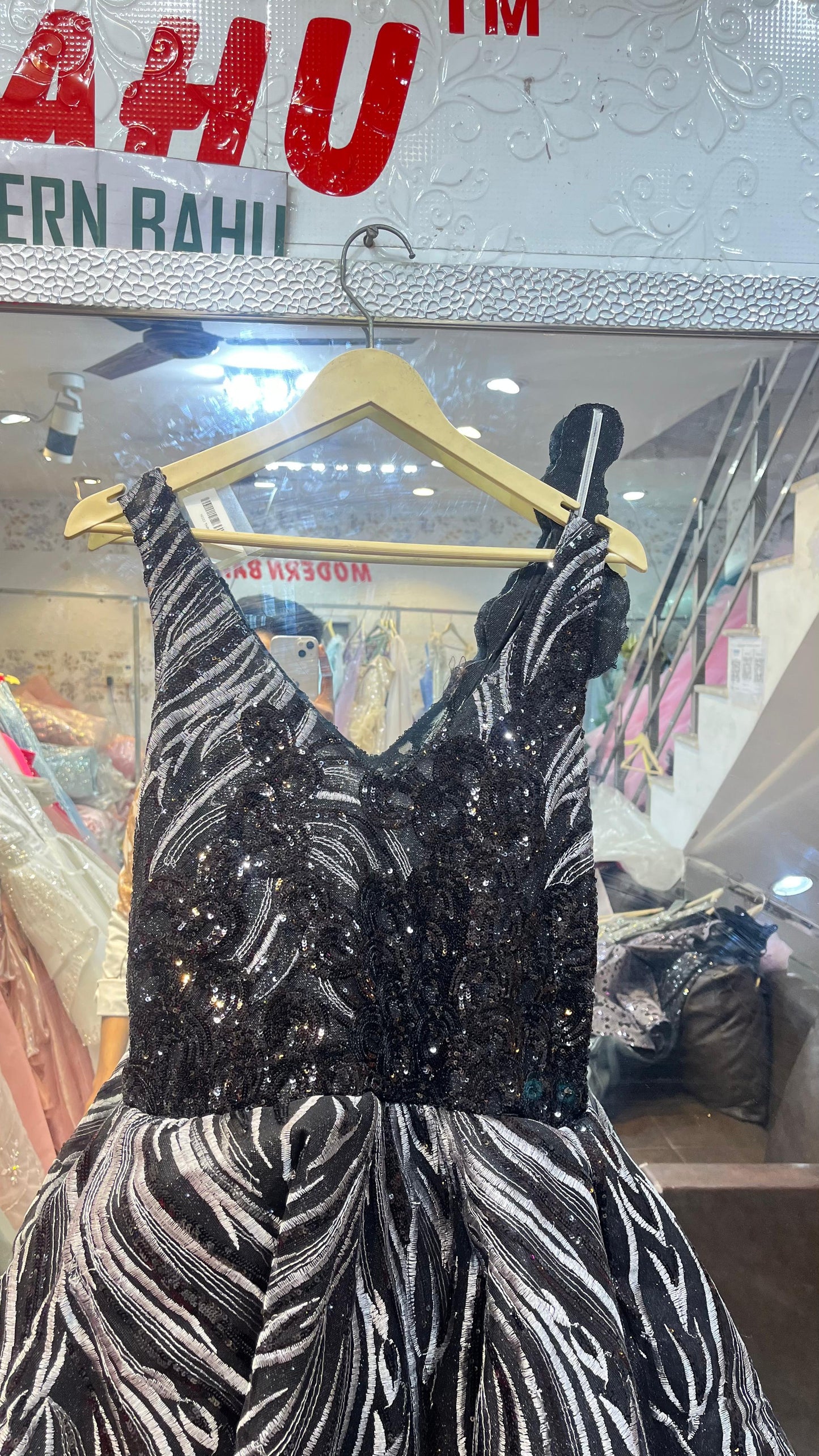 Black & Silver Abstract Sequin Ball Gown | Designer Ruffled Shoulder Evening Dress with Wavy Embroidery
