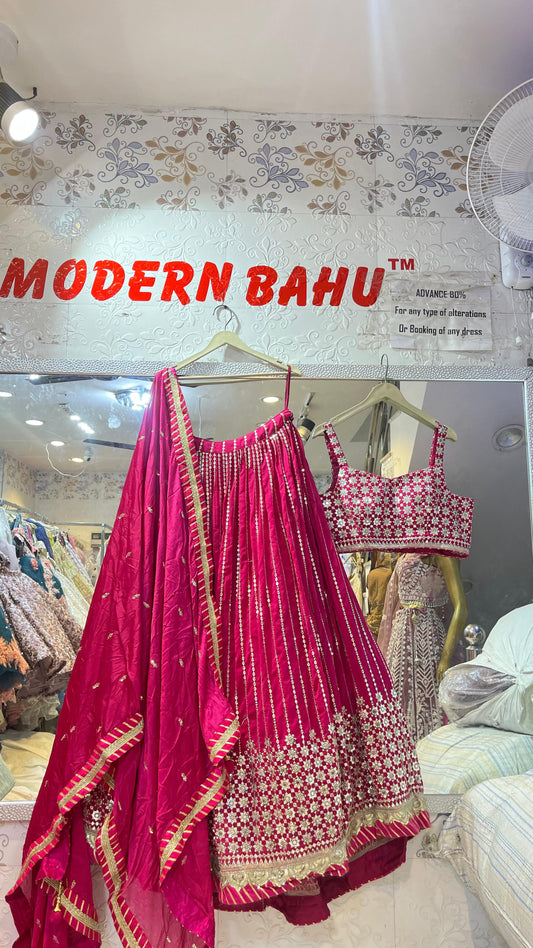 Radiant Rani Pink Art Silk Lehenga Choli with Geometric Mirror Work & Vertical Sequin Lines – Wedding & Party Wear