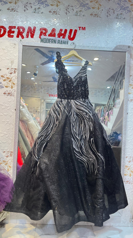 Black & Silver Abstract Sequin Ball Gown | Designer Ruffled Shoulder Evening Dress with Wavy Embroidery