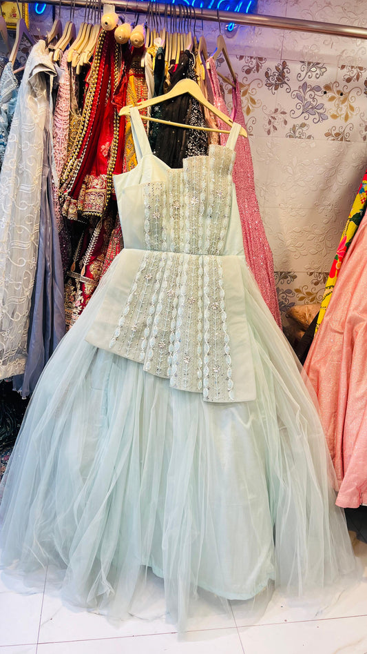 Ethereal Mint Green Tulle Ball Gown with Asymmetric Beaded Overlay & Vertical Linear Embroidery – Modern Evening Wear