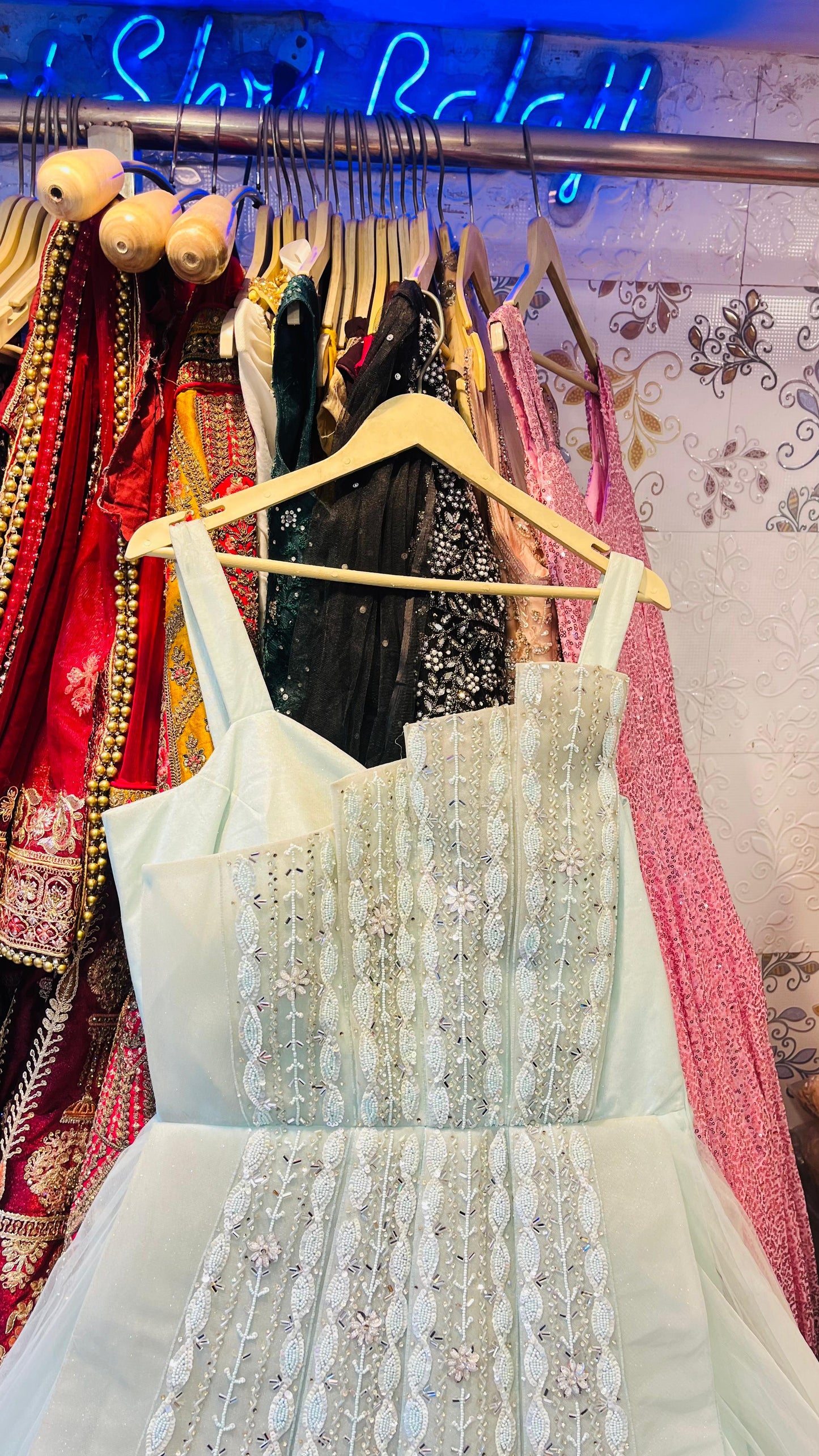 Ethereal Mint Green Tulle Ball Gown with Asymmetric Beaded Overlay & Vertical Linear Embroidery – Modern Evening Wear