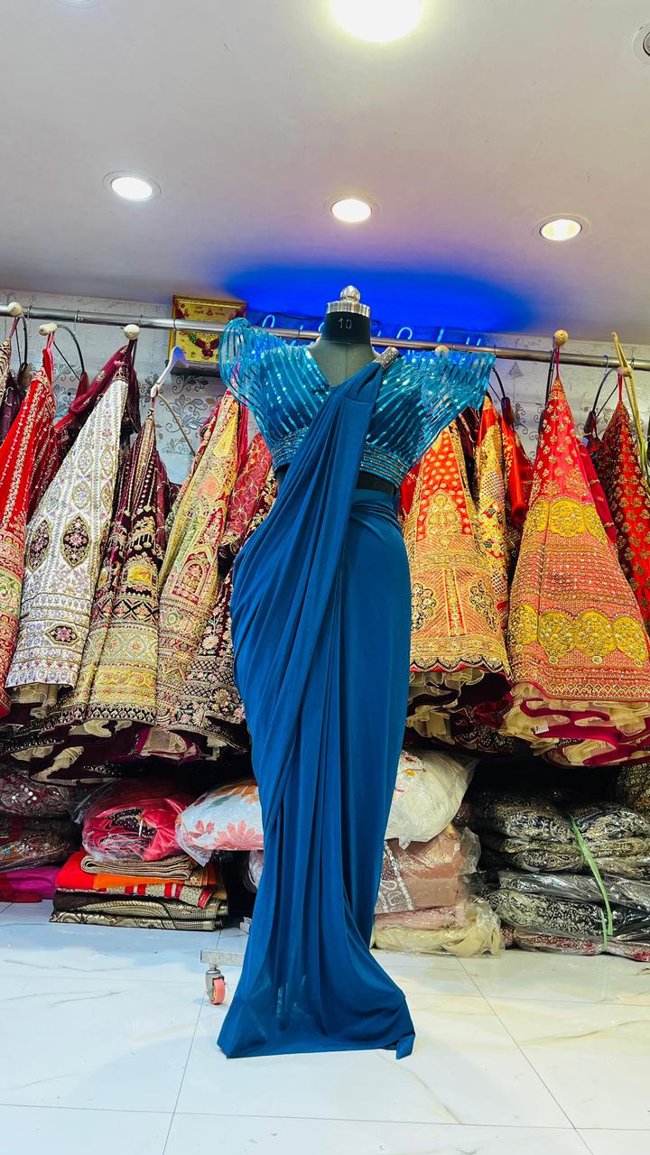 Teal Blue Ready-to-Wear Saree Gown – Sequin Blouse with Dramatic Ruffled Wing Sleeves