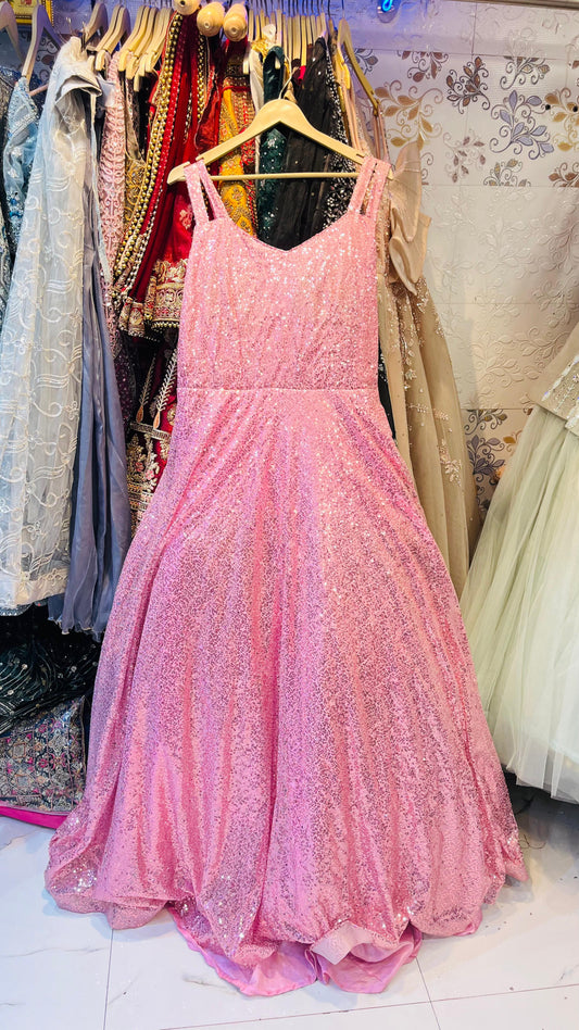 Dazzling Pink All-Over Sequin Ball Gown with Chic Double Spaghetti Straps – Glamorous Evening Party Wear