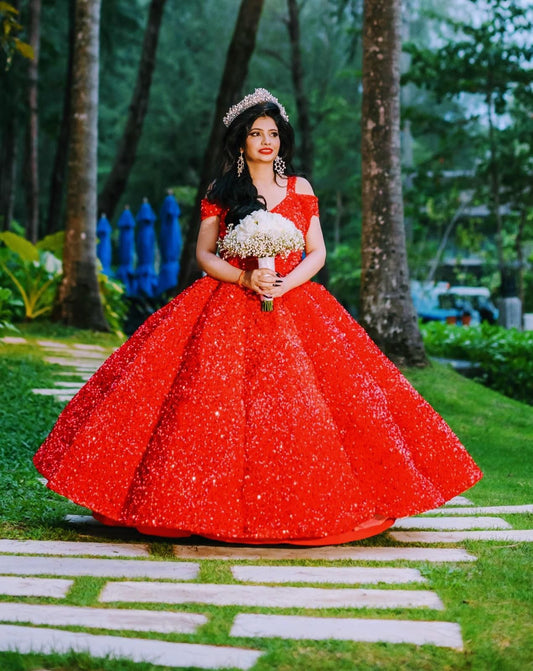 Royal Ruby Red All-Over Sequin Ball Gown with Off-Shoulder Detail – Luxury Bridal & Engagement Wear