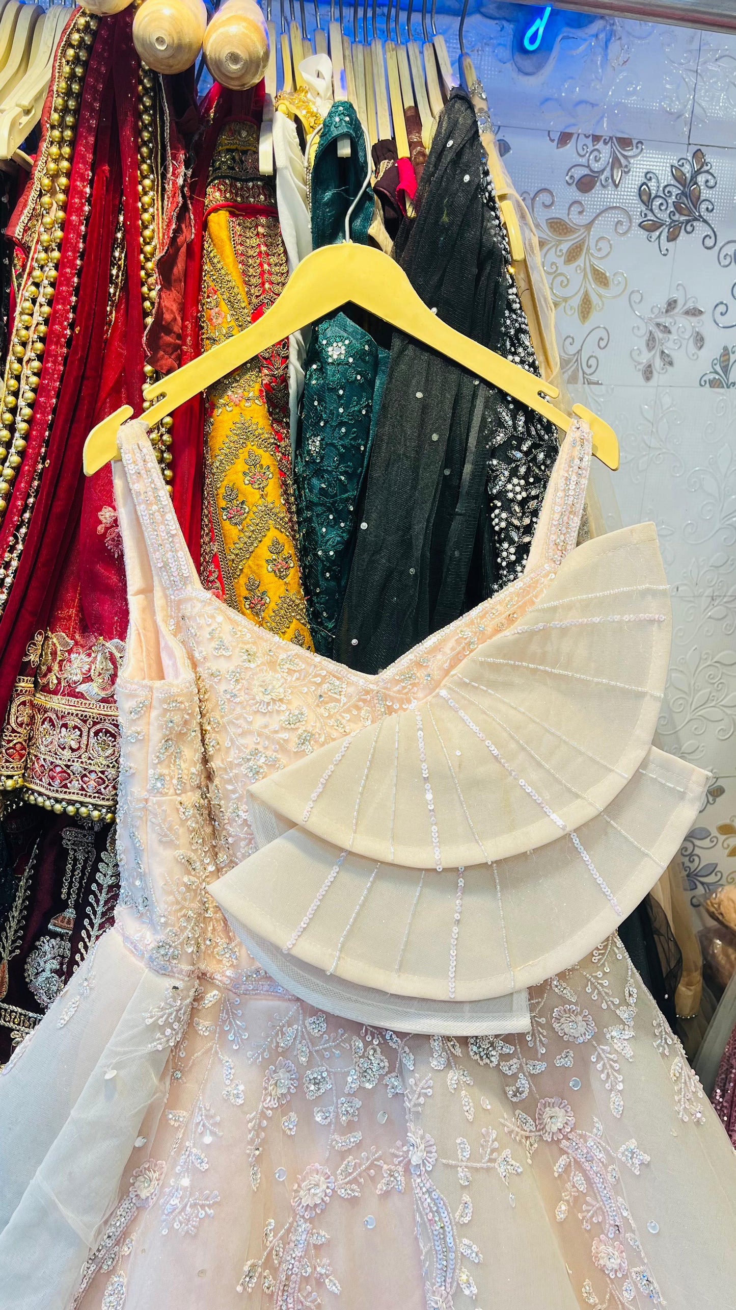 Architectural Champagne Beige Tulle Ball Gown with Statement Fan Ruffle & Silver Embroidery – Couture Evening Wear